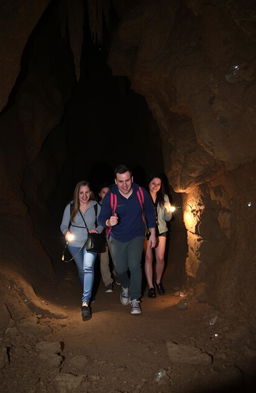 A group of five people, one person leading the way with four friends following closely behind, navigating through a dimly lit cave towards an exit