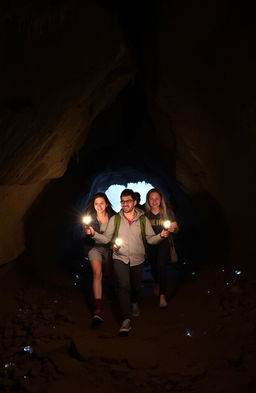 A group of five people, one person leading the way with four friends following closely behind, navigating through a dimly lit cave towards an exit