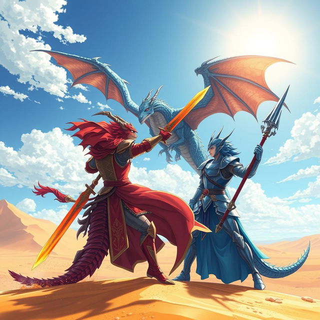 An anime-style illustration depicting a dramatic duel between a red half-dragon knight and a blue half-dragon knight under the bright noon sun in a vast desert landscape