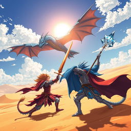 An anime-style illustration depicting a dramatic duel between a red half-dragon knight and a blue half-dragon knight under the bright noon sun in a vast desert landscape