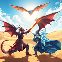An anime-style illustration depicting a dramatic duel between a red half-dragon knight and a blue half-dragon knight under the bright noon sun in a vast desert landscape