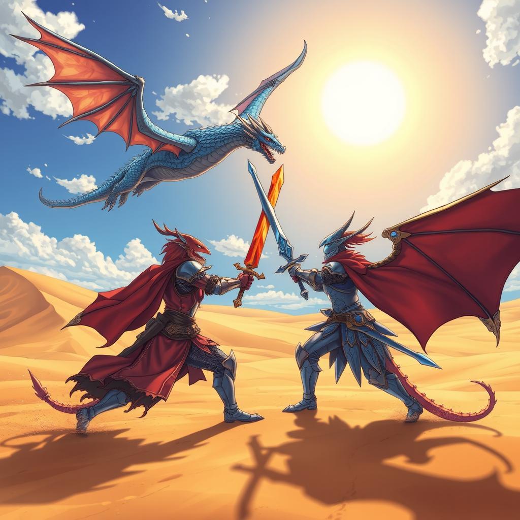 An anime-style illustration depicting a dramatic duel between a red half-dragon knight and a blue half-dragon knight under the bright noon sun in a vast desert landscape