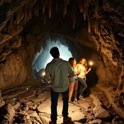A group of five people, one person in the front facing backwards while the other four friends are looking towards the exit of a dimly lit cave