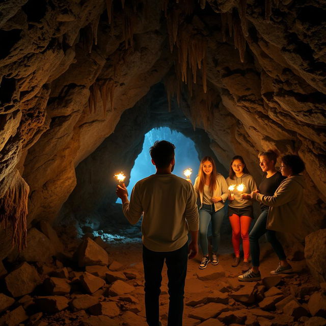 A group of five people, one person in the front facing backwards while the other four friends are looking towards the exit of a dimly lit cave