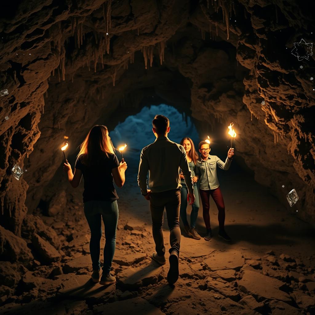 A group of five people, one person in the front facing backwards while the other four friends are looking towards the exit of a dimly lit cave