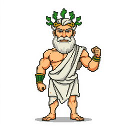 A pixel art representation of a Greek god, showcasing a muscular figure with flowing robes and a laurel wreath on his head