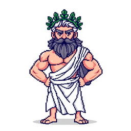 A pixel art representation of a Greek god, showcasing a muscular figure with flowing robes and a laurel wreath on his head