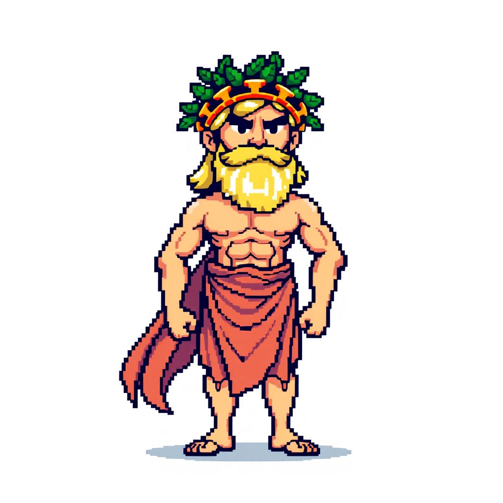 A pixel art representation of a Greek god, showcasing a muscular figure with flowing robes and a laurel wreath on his head