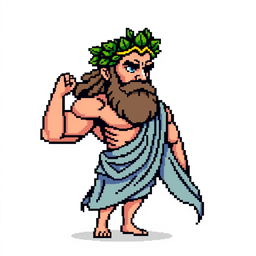 A pixel art representation of a Greek god, showcasing a muscular figure with flowing robes and a laurel wreath on his head