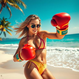 A dynamic and vibrant scene of a powerful woman resembling Helen Parr from The Incredibles, engaged in beach boxing