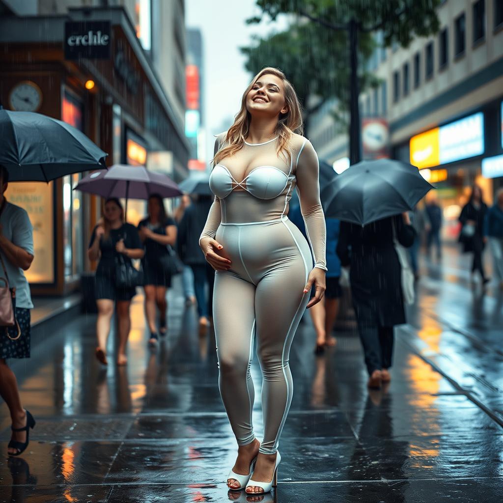 A sexy, curvy blonde girl standing on a sidewalk in a lively street during a torrential rain