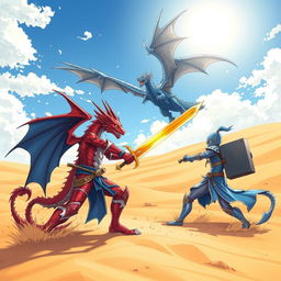An anime-style illustration showcasing a thrilling duel between a red half-dragon knight and a blue half-dragon knight under the bright noon sun in a vast desert landscape