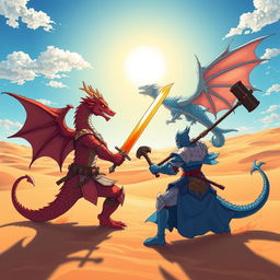 An anime-style illustration showcasing a thrilling duel between a red half-dragon knight and a blue half-dragon knight under the bright noon sun in a vast desert landscape
