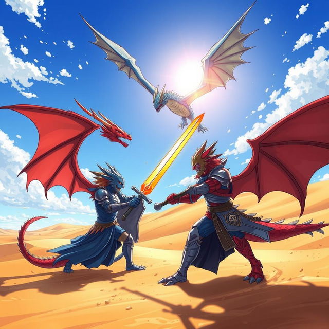 An anime-style illustration showcasing a thrilling duel between a red half-dragon knight and a blue half-dragon knight under the bright noon sun in a vast desert landscape