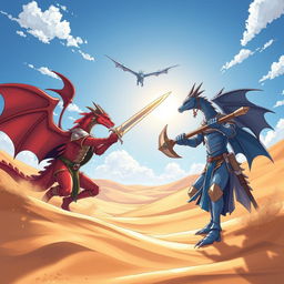 An anime-style illustration showcasing a thrilling duel between a red half-dragon knight and a blue half-dragon knight under the bright noon sun in a vast desert landscape