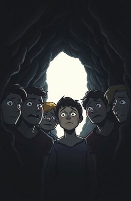 Five people inside a dark cave, showing expressions of worry and concern as they look towards a bright, glowing exit