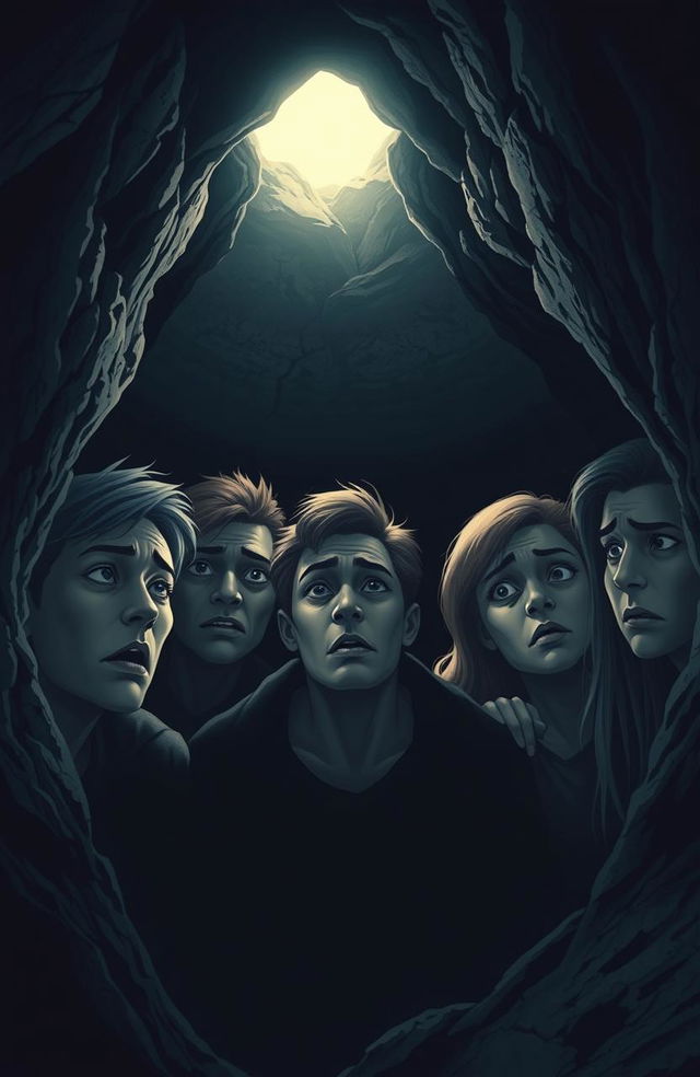 Five people inside a dark cave, showing expressions of worry and concern as they look towards a bright, glowing exit