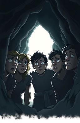 Five people inside a dark cave, showing expressions of worry and concern as they look towards a bright, glowing exit