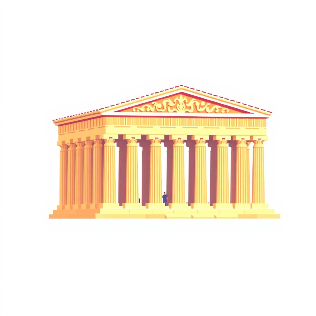 A pixel art representation of a classic Greek monument, featuring a stylized version of the Parthenon or a similar architectural structure