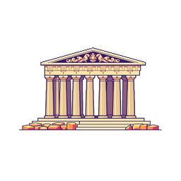 A pixel art representation of a classic Greek monument, featuring a stylized version of the Parthenon or a similar architectural structure