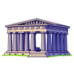 A pixel art representation of a classic Greek monument, featuring a stylized version of the Parthenon or a similar architectural structure