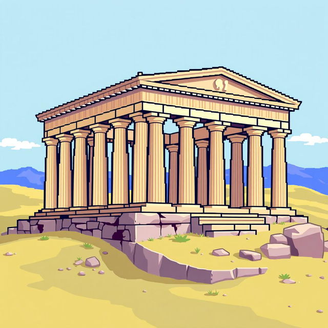 A pixel art illustration of a classic Greek monument, such as the Parthenon