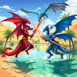 An anime-style illustration capturing an intense duel between a red half-dragon knight, wingless and tailless, wielding a blazing sword, and a blue half-dragon knight, also wingless and tailless, holding a majestic sceptre