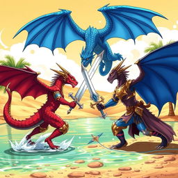 An anime-style illustration capturing an intense duel between a red half-dragon knight, wingless and tailless, wielding a blazing sword, and a blue half-dragon knight, also wingless and tailless, holding a majestic sceptre