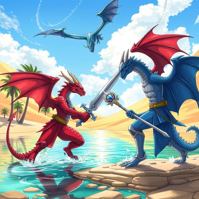 An anime-style illustration capturing an intense duel between a red half-dragon knight, wingless and tailless, wielding a blazing sword, and a blue half-dragon knight, also wingless and tailless, holding a majestic sceptre