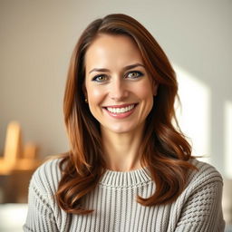 A woman between the ages of 30 and 45, with rich chestnut brown hair and elegant European features