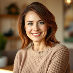A woman between the ages of 30 and 45, with rich chestnut brown hair and elegant European features