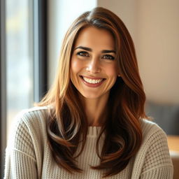 A woman between the ages of 30 and 45, with rich chestnut brown hair and elegant European features