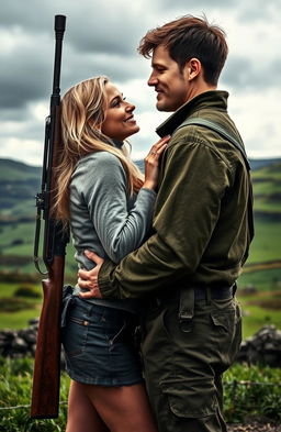 An Irish revolutionary dressed in rugged, military-inspired attire with a sniper rifle slung over his back, standing in a loving embrace with his blonde-haired girlfriend