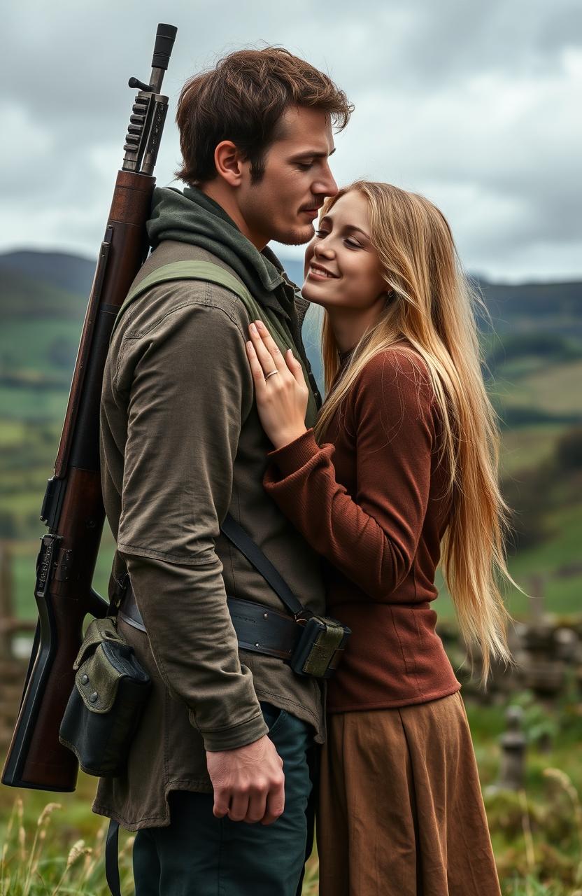 An Irish revolutionary dressed in rugged, military-inspired attire with a sniper rifle slung over his back, standing in a loving embrace with his blonde-haired girlfriend