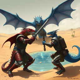 A grim fantasy illustration depicting an intense duel between a red reptilian knight, brandishing a formidable sword, and a blue reptilian knight, wielding an ornate sceptre