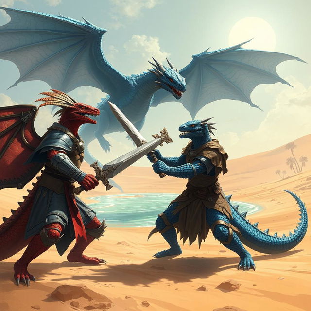 A grim fantasy illustration depicting an intense duel between a red reptilian knight, brandishing a formidable sword, and a blue reptilian knight, wielding an ornate sceptre