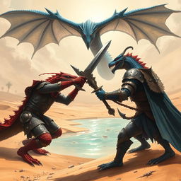 A grim fantasy illustration depicting an intense duel between a red reptilian knight, brandishing a formidable sword, and a blue reptilian knight, wielding an ornate sceptre