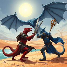 A grim fantasy illustration depicting an intense duel between a red reptilian knight, brandishing a formidable sword, and a blue reptilian knight, wielding an ornate sceptre