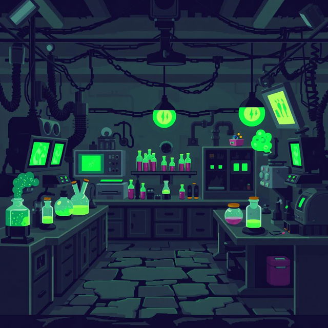 A pixel art illustration of a wicked laboratory, featuring sinister equipment and dark, atmospheric elements