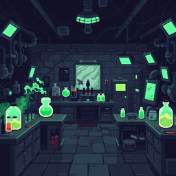 A pixel art illustration of a wicked laboratory, featuring sinister equipment and dark, atmospheric elements