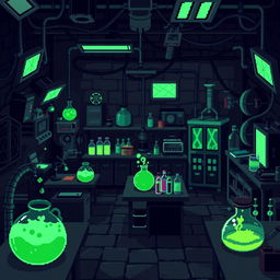 A pixel art illustration of a wicked laboratory, featuring sinister equipment and dark, atmospheric elements