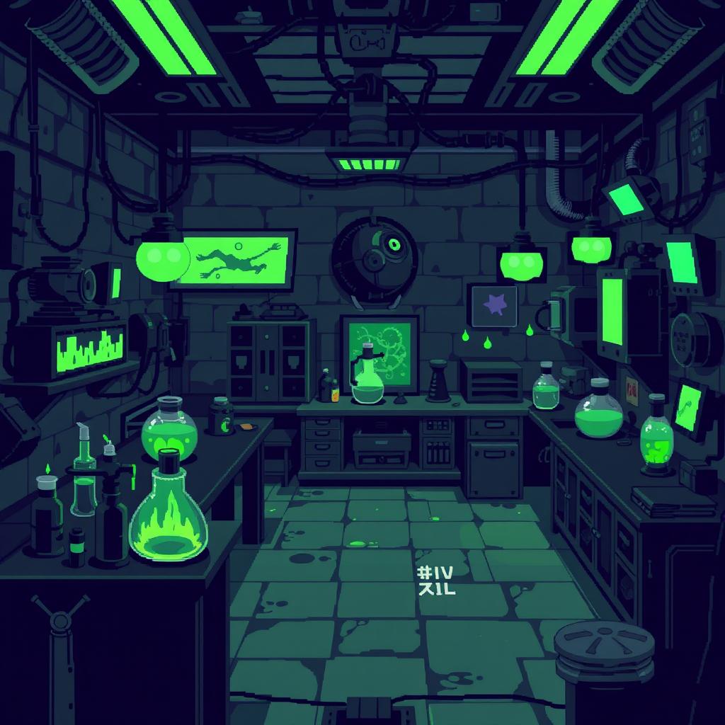 A pixel art illustration of a wicked laboratory, featuring sinister equipment and dark, atmospheric elements