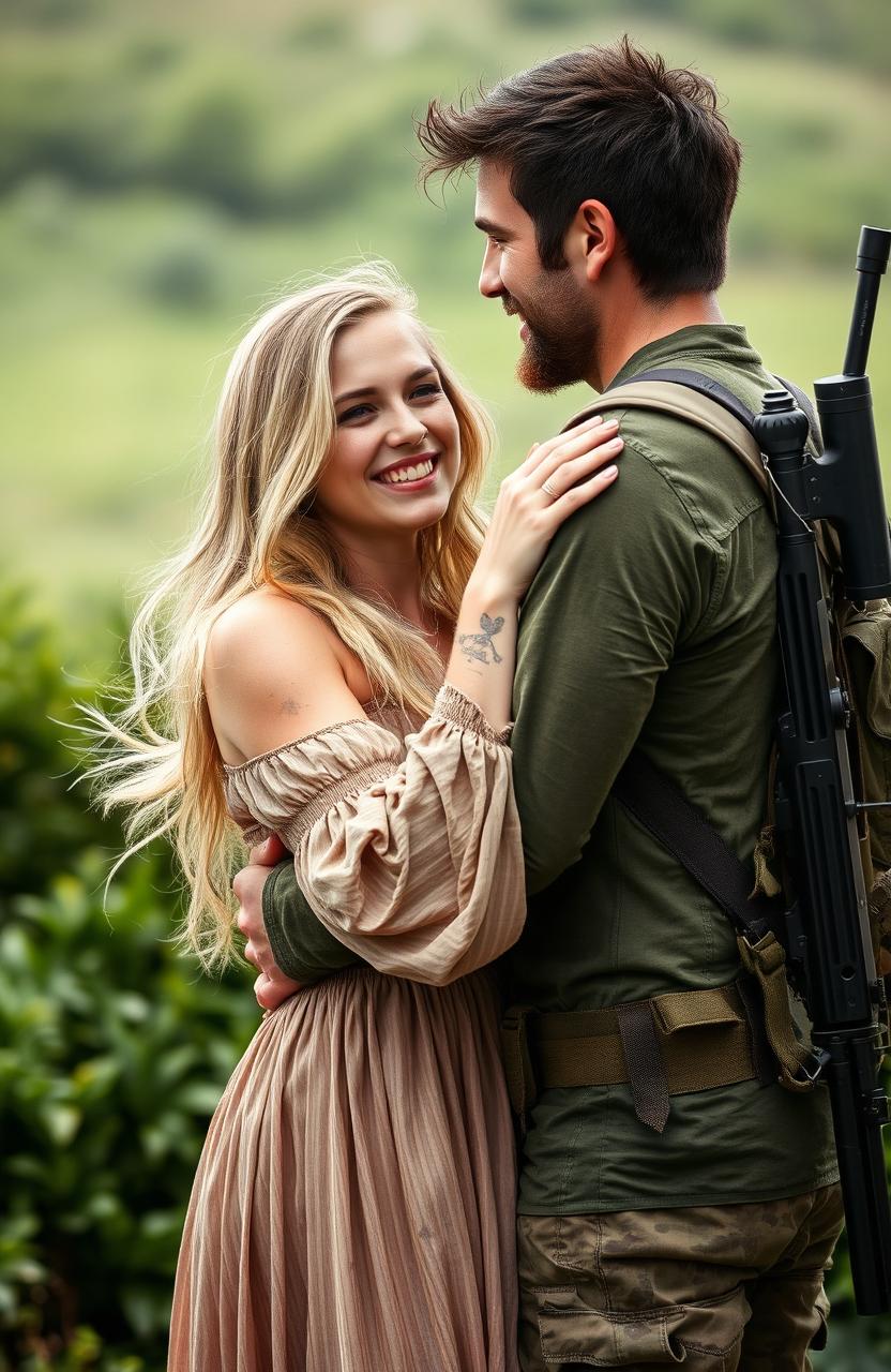 An Irish revolutionary with a rugged appearance, dressed in military-style clothing, a snipers rifle slung over his back, standing in a loving embrace with his blonde-haired girlfriend