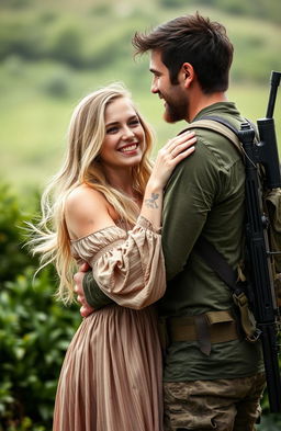 An Irish revolutionary with a rugged appearance, dressed in military-style clothing, a snipers rifle slung over his back, standing in a loving embrace with his blonde-haired girlfriend
