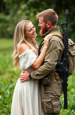 An Irish revolutionary with a rugged appearance, dressed in military-style clothing, a snipers rifle slung over his back, standing in a loving embrace with his blonde-haired girlfriend