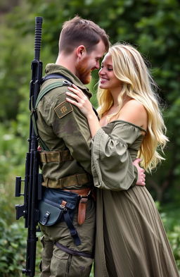 An Irish revolutionary with a rugged appearance, dressed in military-style clothing, a snipers rifle slung over his back, standing in a loving embrace with his blonde-haired girlfriend