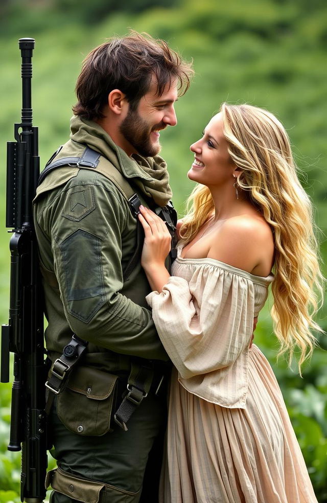 An Irish revolutionary with a rugged appearance, dressed in military-style clothing, a snipers rifle slung over his back, standing in a loving embrace with his blonde-haired girlfriend