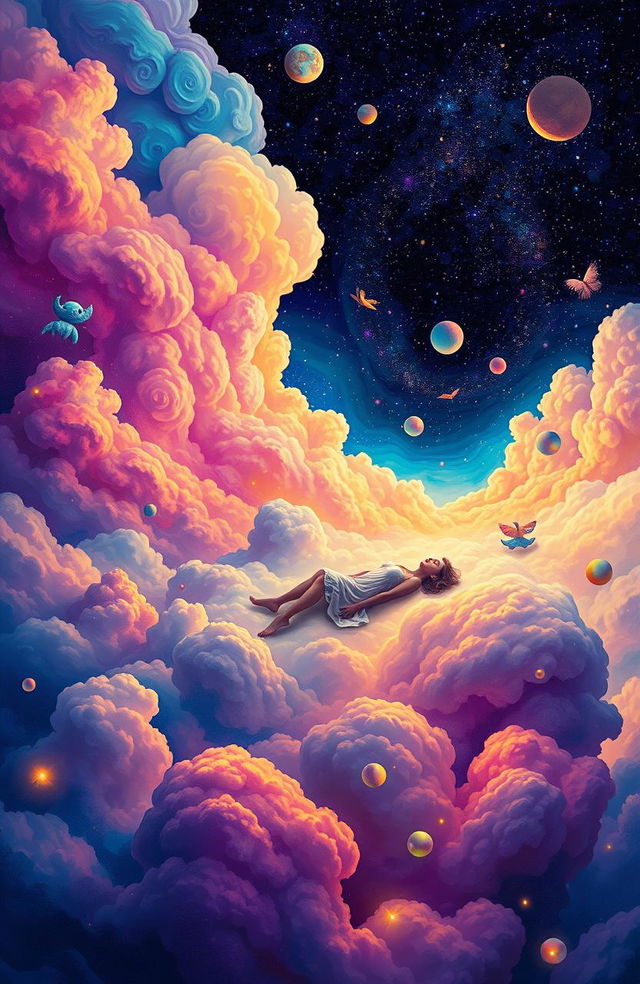 A surreal interpretation of deep dreaming, featuring a dreamlike landscape filled with vibrant colors and abstract shapes