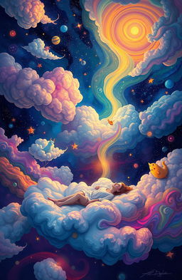A surreal interpretation of deep dreaming, featuring a dreamlike landscape filled with vibrant colors and abstract shapes
