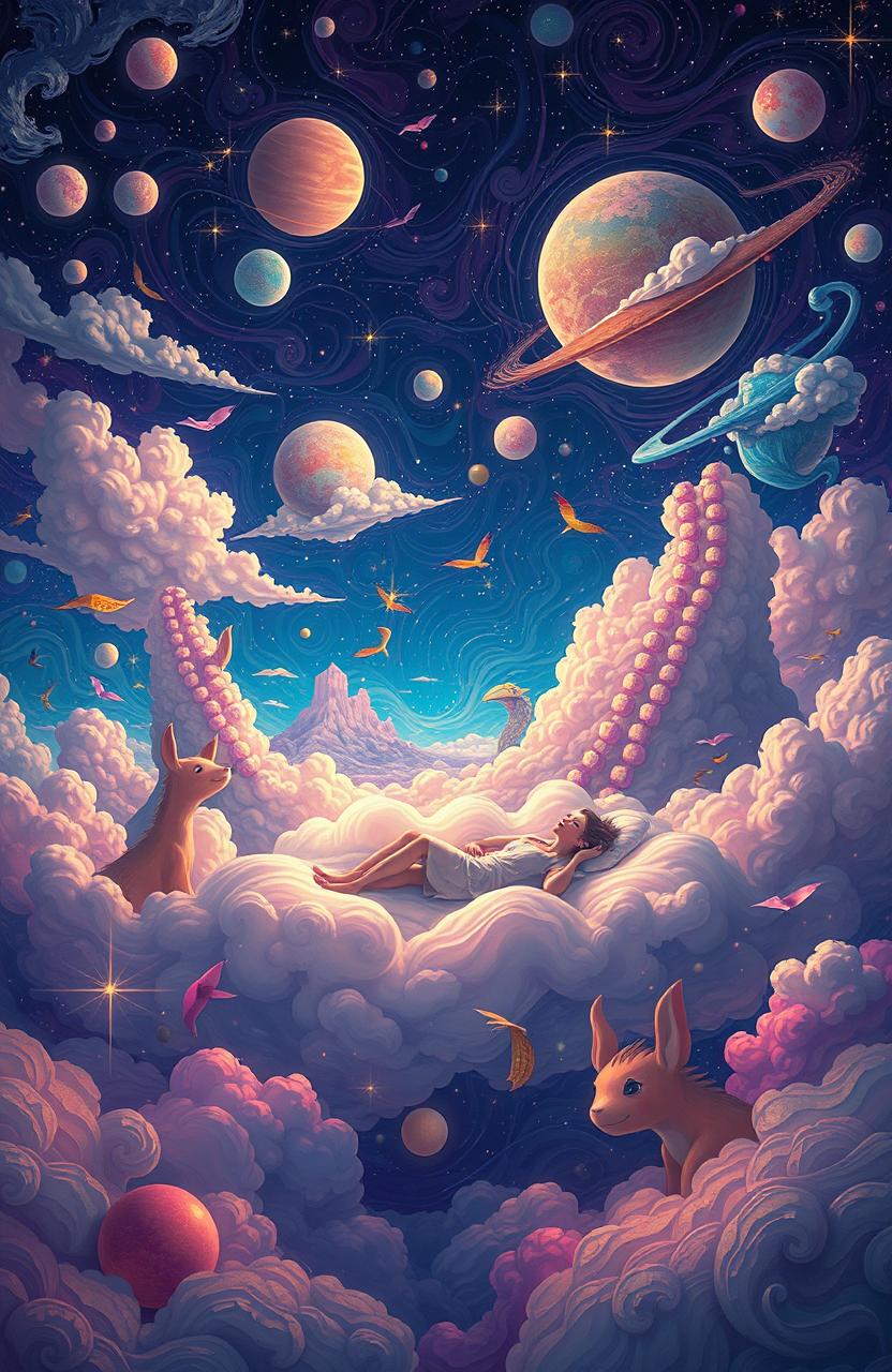 A surreal interpretation of deep dreaming, featuring a dreamlike landscape filled with vibrant colors and abstract shapes